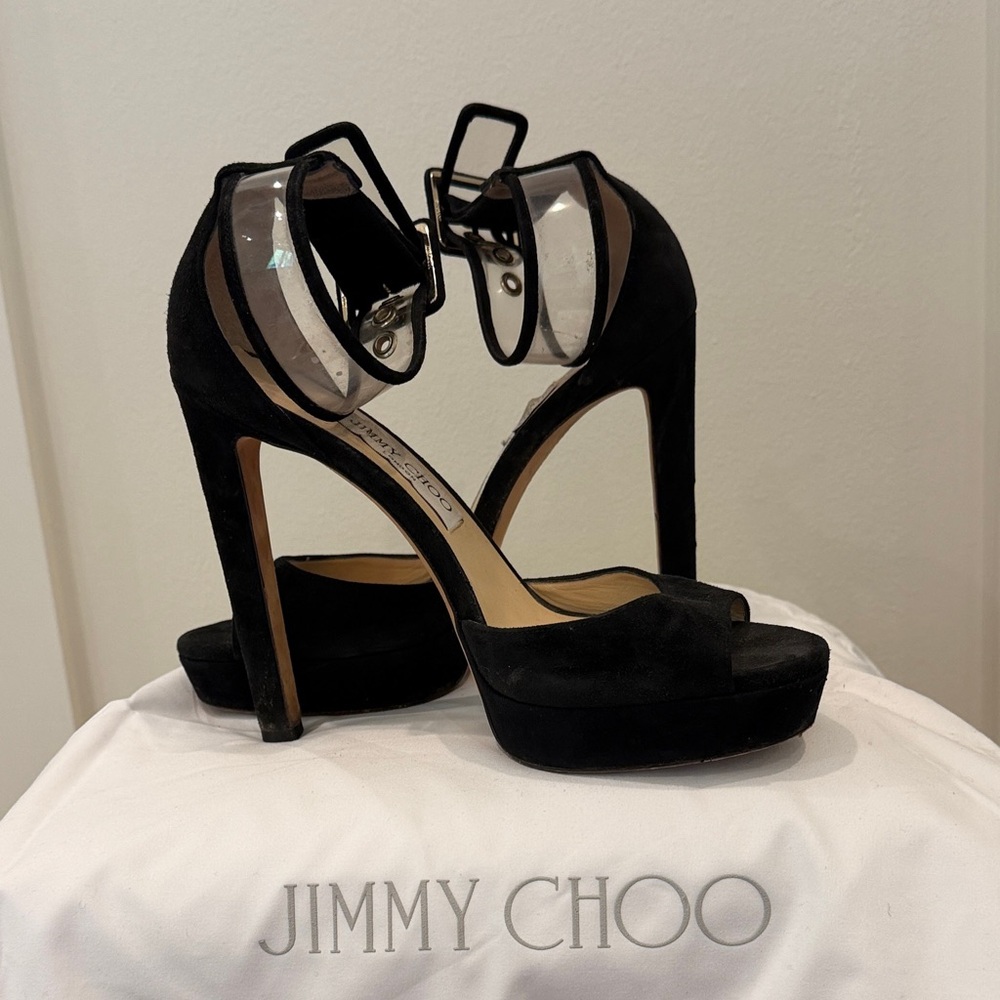Jimmy Choo Black Suede Platform Ankle-Strap Sandals